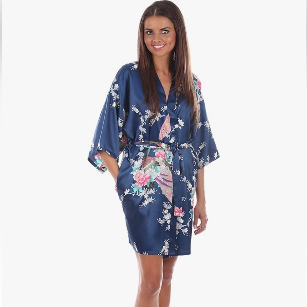 Floral Kimono Robe in Navy and Pink
